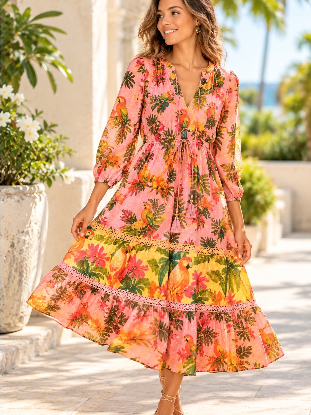 Farm Rio Tropical Parrot Floral Pink Midi Dress XS